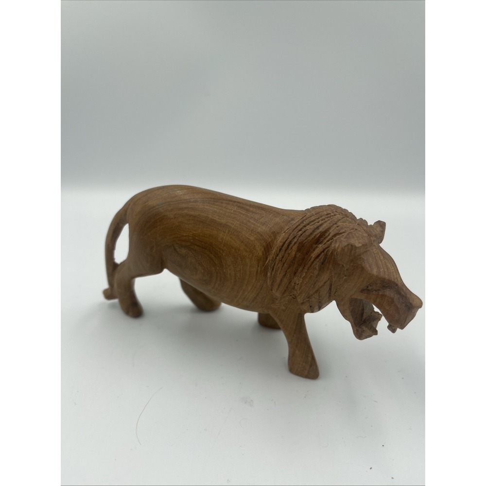 Vintage Hand Carved African ROARING LION Wood Sculpture Safari Statue Figure